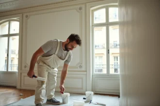 Peintre parisien en train de peindre un mur dans un appartement