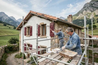 Équipe de peintres en bâtiment travaillant sur une façade de maison basque dans les Pyrénées-Atlantiques