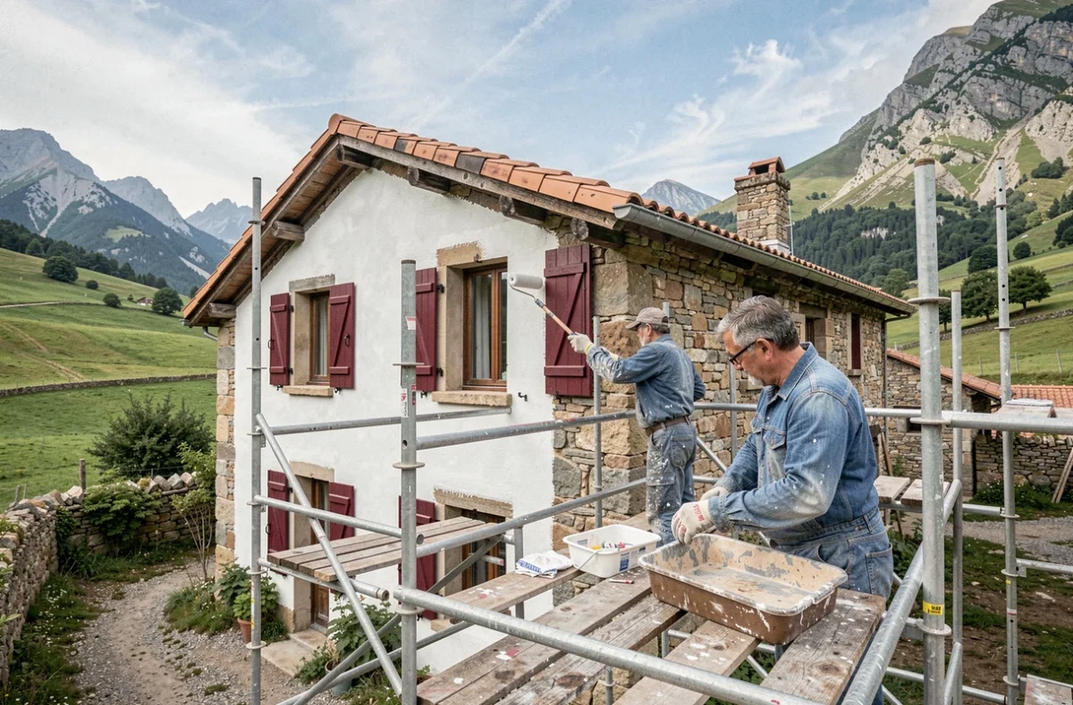 Équipe de peintres en bâtiment travaillant sur une façade de maison basque dans les Pyrénées-Atlantiques