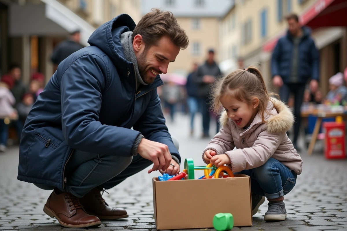 Pere et fille cherchant des jouets dans un vide grenier