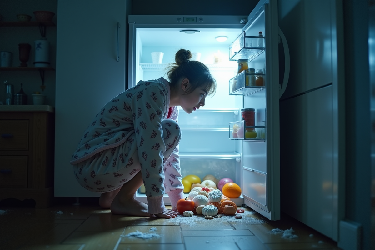 Personne en pyjama découvrant un congélateur entrouvert