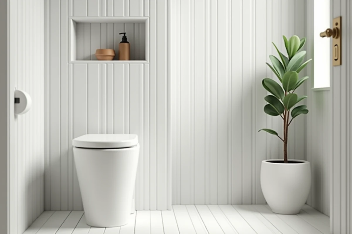 Petite salle de bains optimisée avec WC suspendu sans bride et rangements encastrés sur carrelage blanc