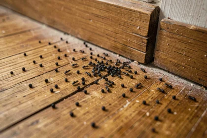 Petits insectes noirs sur un parquet en bois ressemblant à des grains de poivre, photographiés en macro