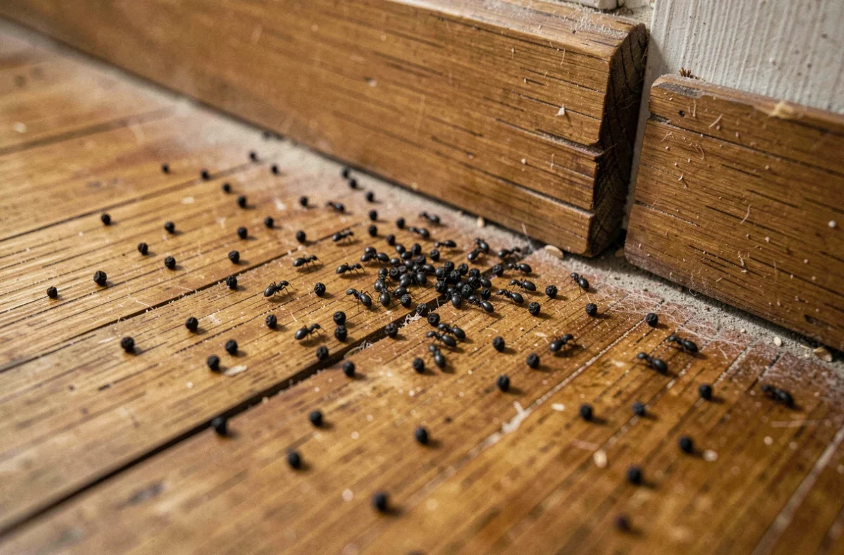 Petits insectes noirs sur un parquet en bois ressemblant à des grains de poivre, photographiés en macro