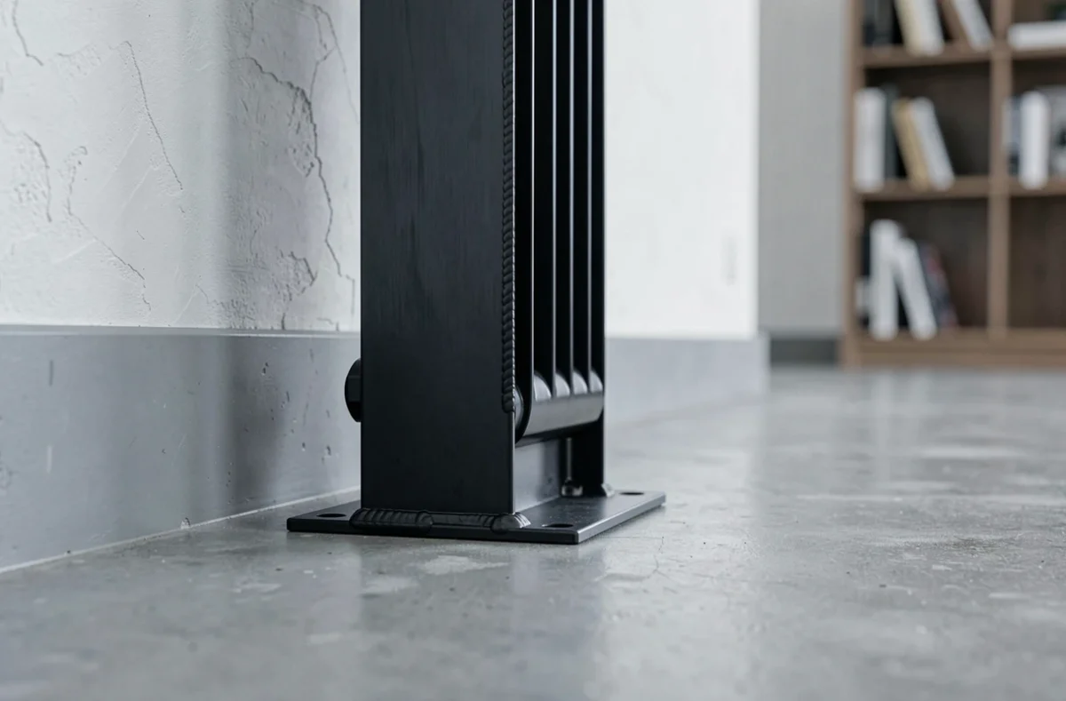 Pied de radiateur en acier brossé noir mat sur sol en béton ciré dans un intérieur contemporain minimaliste