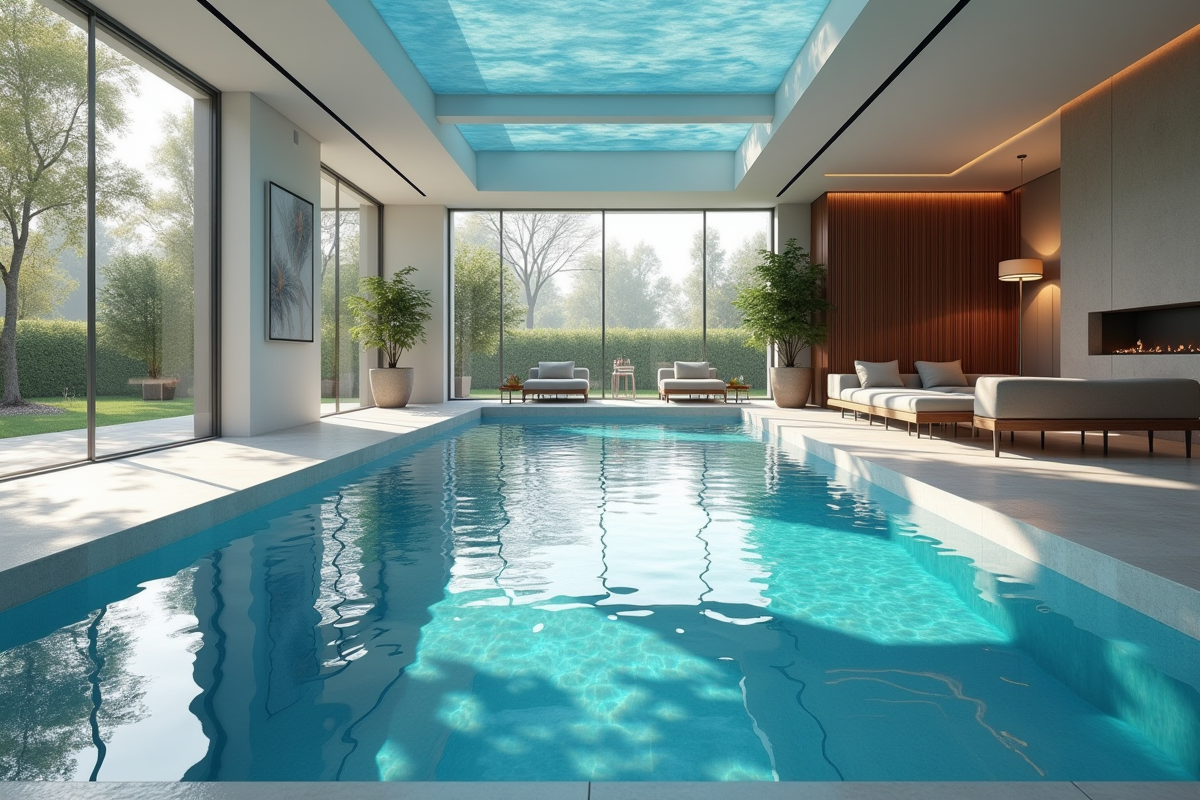 Piscine intérieure moderne avec grandes fenêtres lumineuses