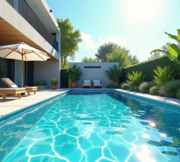 Piscine moderne dans un jardin en été avec transats et plantes vertes