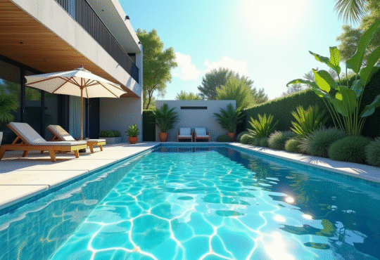 Piscine moderne dans un jardin en été avec transats et plantes vertes
