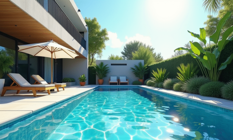 Piscine moderne dans un jardin en été avec transats et plantes vertes
