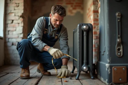 Plombier mesurant un radiateur ancien en rénovation