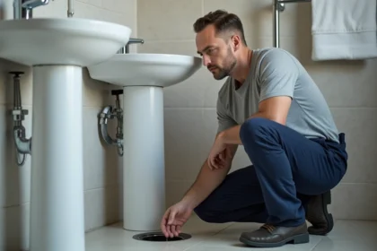 Plombier homme examine un drain dans une salle de bain moderne