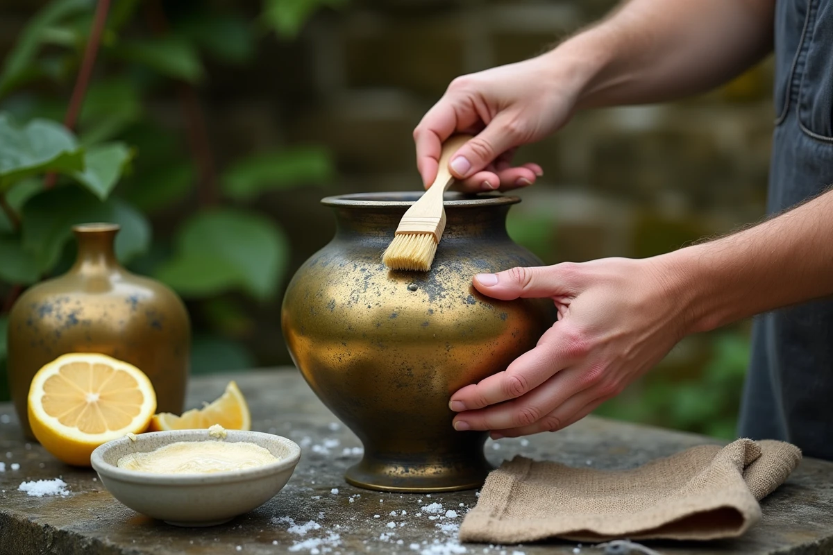 Gros plan de mains appliquant un produit naturel maison à base de citron sur un vase en laiton oxydé