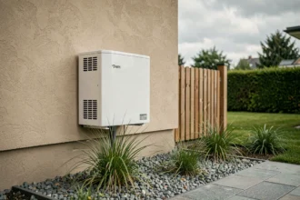 Pompe à chaleur air-eau De Dietrich installée en façade d'une maison moderne avec jardin bien entretenu