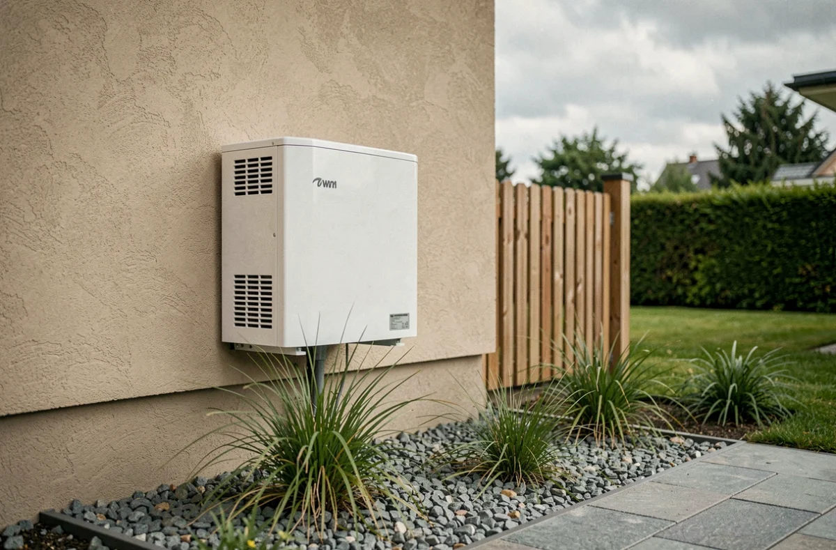 Pompe à chaleur air-eau De Dietrich installée en façade d'une maison moderne avec jardin bien entretenu
