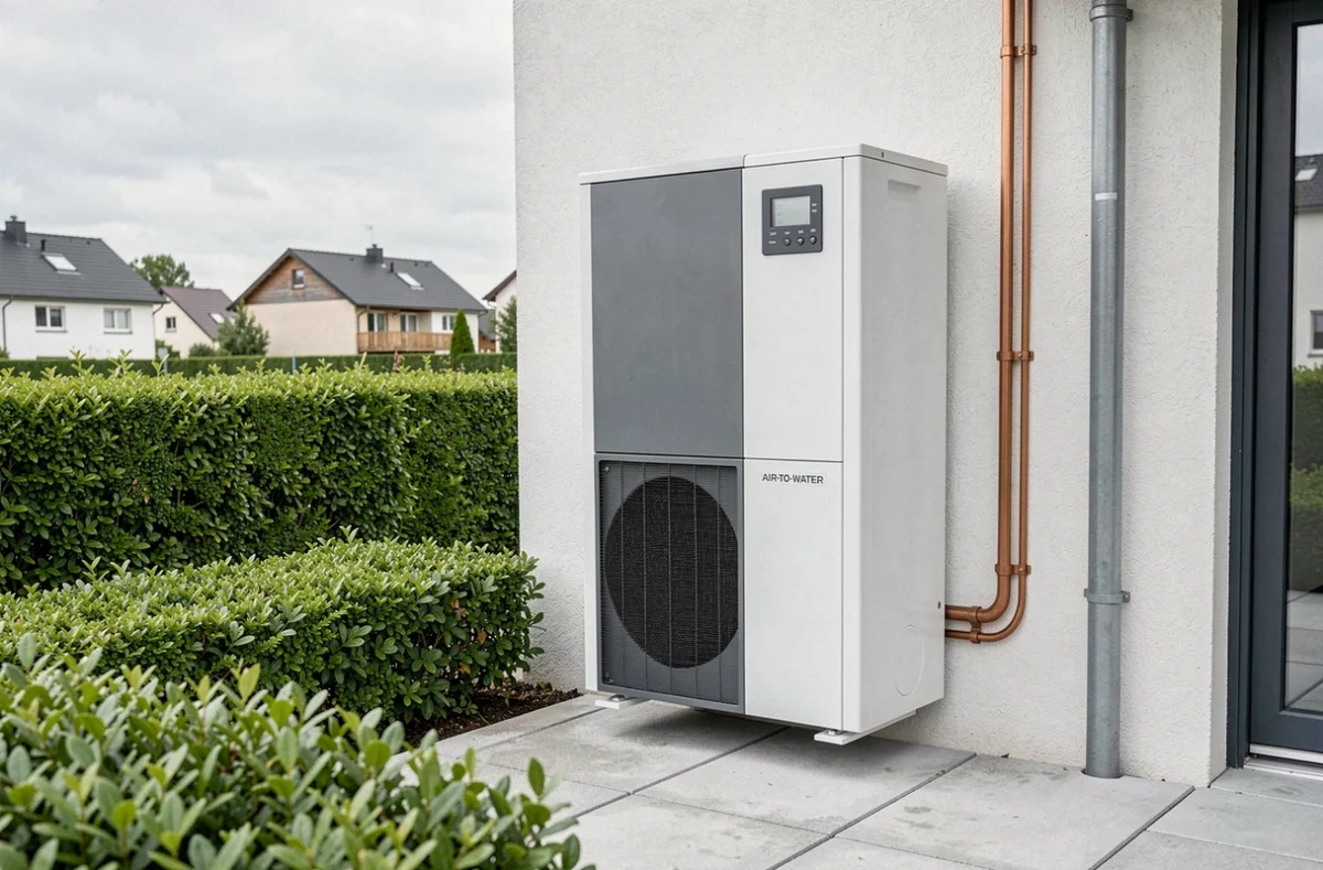 Pompe à chaleur air-eau installée sur la façade extérieure d'une maison résidentielle moderne