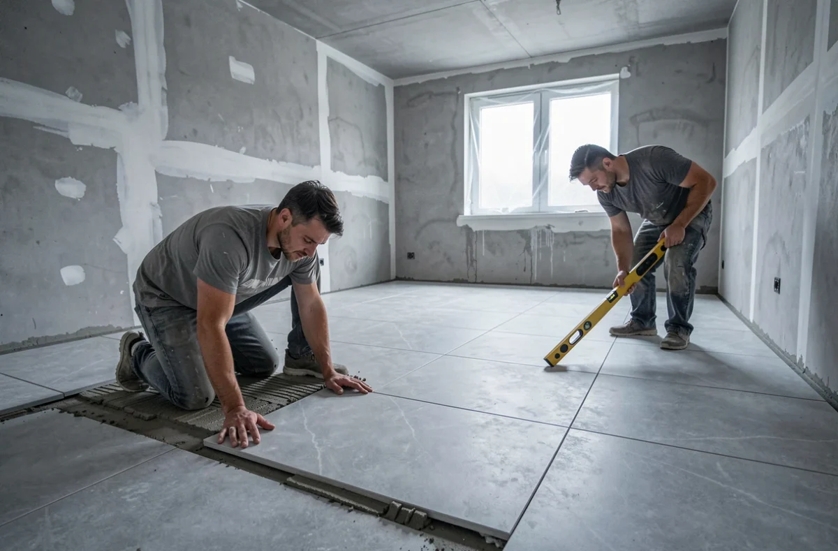 Ouvriers posant du carrelage dans un appartement locatif en cours de rénovation complète