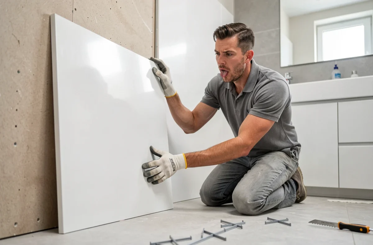 Pose de dalle PVC murale dans une salle de bain en rénovation par un installateur professionnel