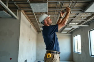 Artisan posant des dalles de faux plafond suspendu dans un bureau en rénovation