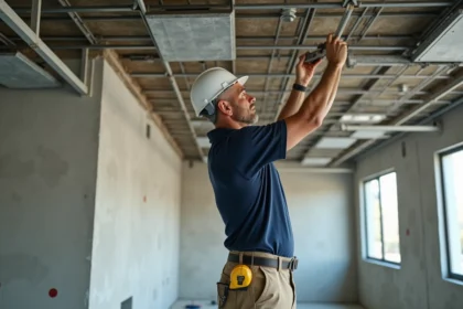 Artisan posant des dalles de faux plafond suspendu dans un bureau en rénovation