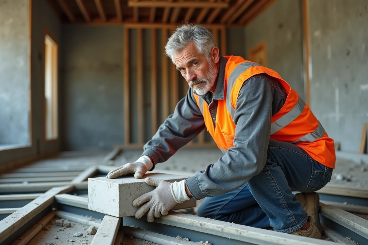 Ouvrier posant des blocs hourdis entre des poutrelles en béton sur un chantier de construction de plancher isolant
