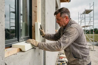 Ouvrier posant une isolation thermique sous un seuil de porte-fenêtre en béton pour éviter les ponts thermiques