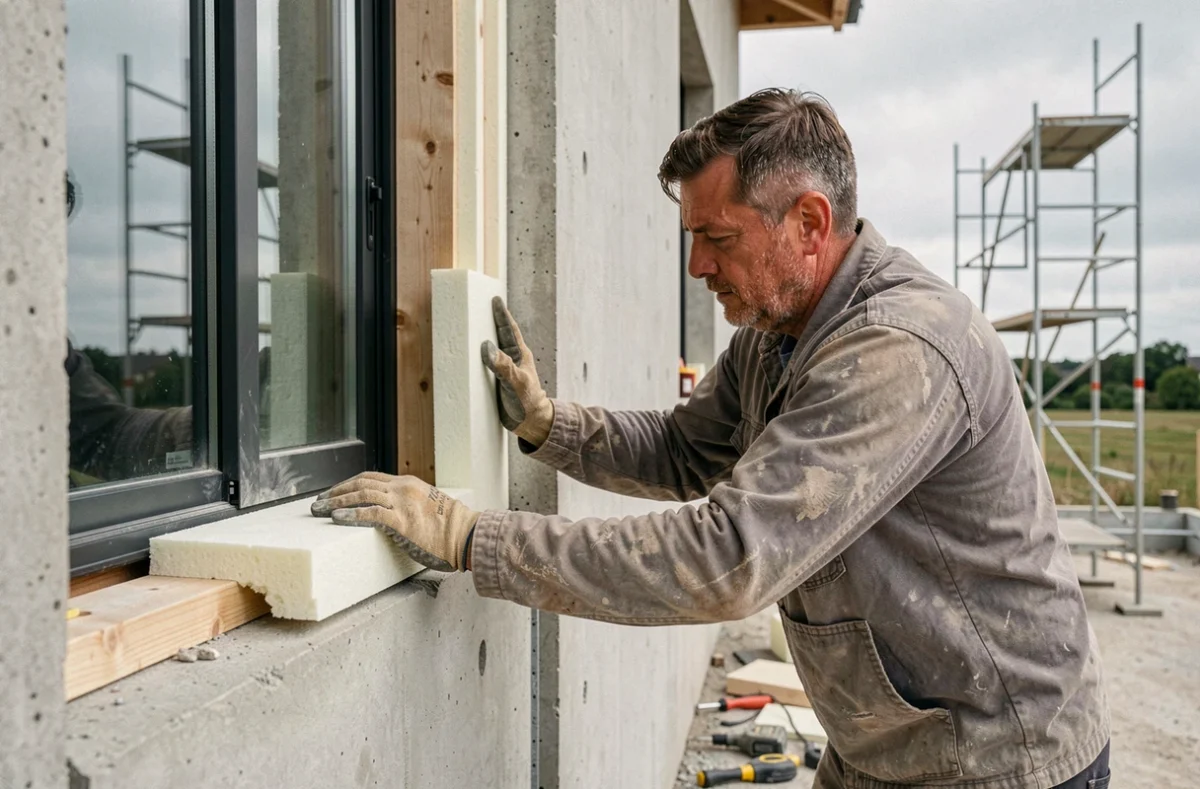 Ouvrier posant une isolation thermique sous un seuil de porte-fenêtre en béton pour éviter les ponts thermiques