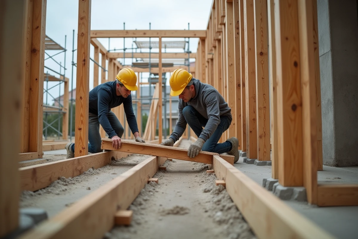 Pose de madriers en bois massif comme solives de plancher sur un chantier de construction résidentielle