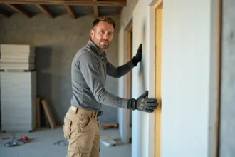 Ouvrier posant un placo isolant thermique sur un mur intérieur en cours de rénovation