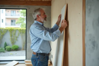 Homme appliquant des panneaux isolants dans un appartement moderne