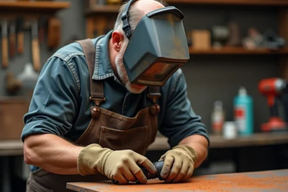 Soudeur préparant une plaque d'acier rouillé en atelier, meulage de la rouille avant soudure