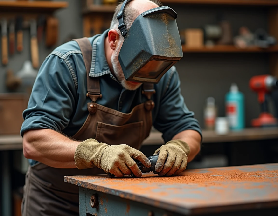 Soudeur préparant une plaque d'acier rouillé en atelier, meulage de la rouille avant soudure