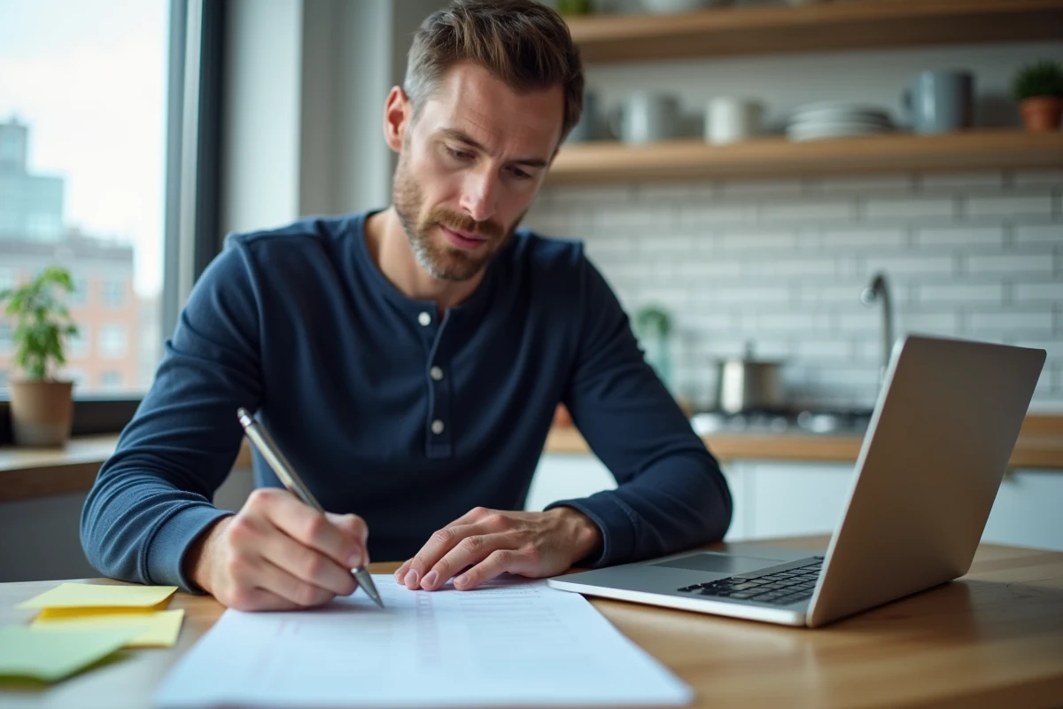 Homme préparant son déménagement avec une checklist imprimée et un ordinateur portable sur une table de cuisine