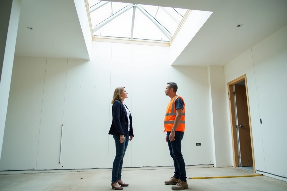 Propriétaire et entrepreneur discutant d'une extension en surélévation avec velux dans une pièce en cours de finition