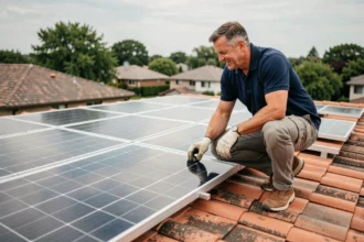 Propriétaire inspectant des panneaux solaires hybrides sur le toit de sa maison en zone résidentielle