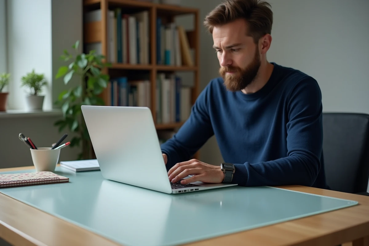 Homme travaillant sur un bureau recouvert d'une protection plastique givré pour préserver la surface des rayures et des taches