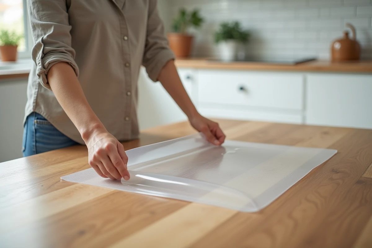 Femme installant une protection plastique transparente sur une table en bois pour éviter les rayures et les taches