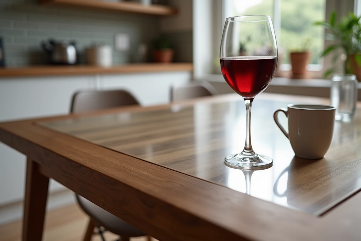 Gros plan sur une protection plastique transparente sur table en bois avec verre de vin rouge et tasse à café sans traces ni taches