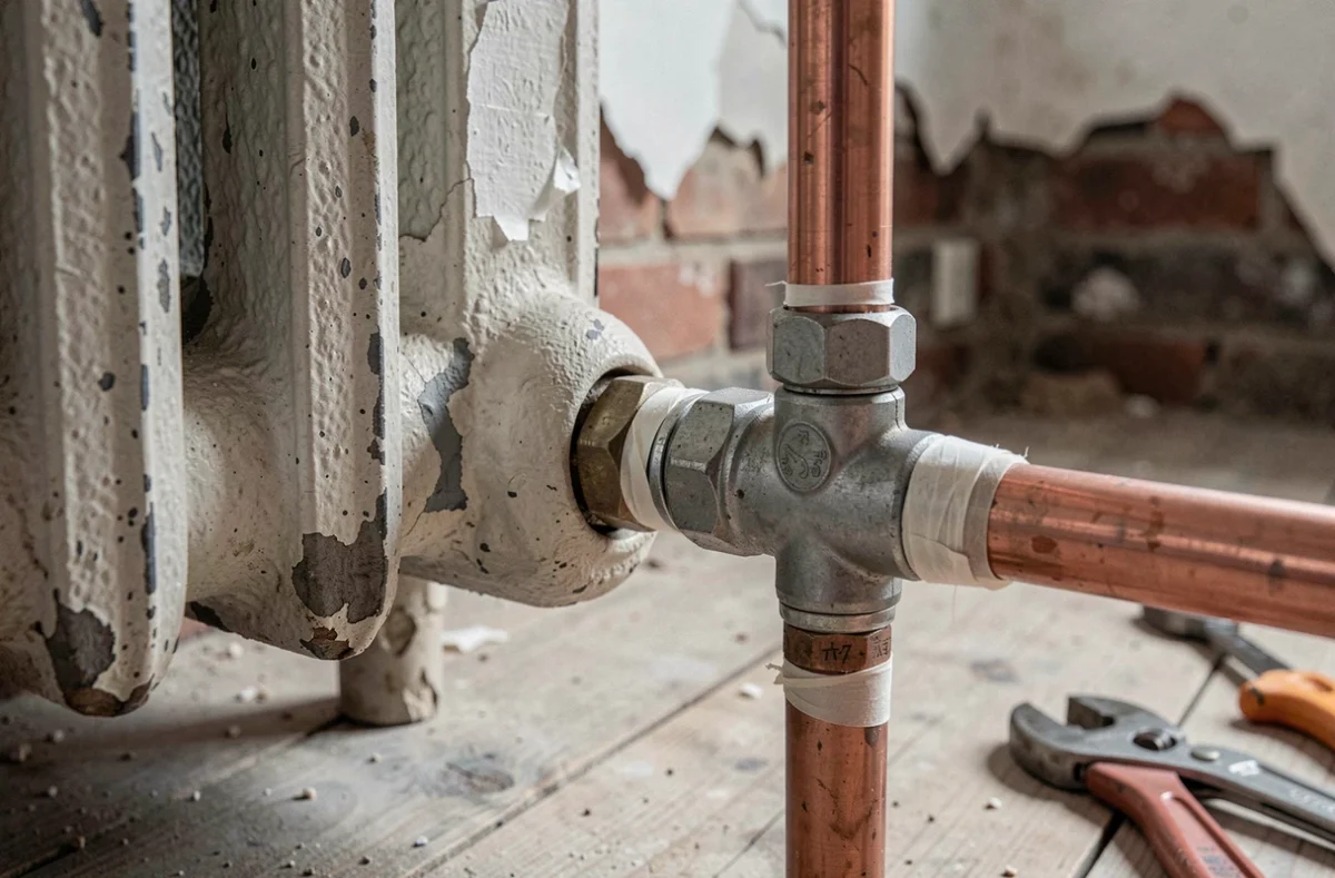 Détail de raccordement entre un radiateur en fonte ancien et une tuyauterie en cuivre moderne lors d'une rénovation