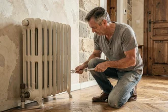 Plombier inspectant un ancien radiateur en fonte dans une maison rénovée aux murs en plâtre et parquet ancien