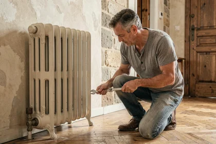 Plombier inspectant un ancien radiateur en fonte dans une maison rénovée aux murs en plâtre et parquet ancien