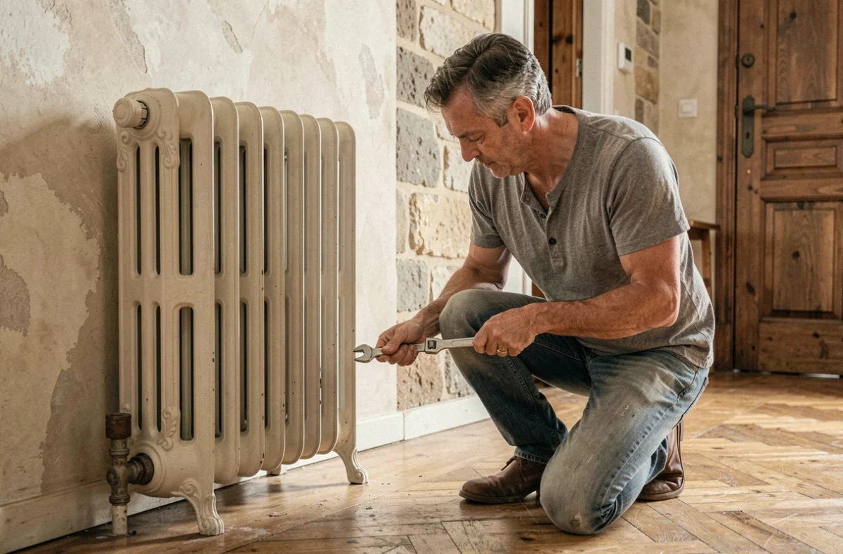 Plombier inspectant un ancien radiateur en fonte dans une maison rénovée aux murs en plâtre et parquet ancien