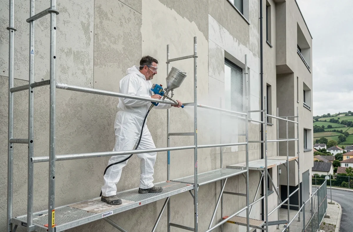 Spécialiste Rairies Façade appliquant un enduit isolant par projection sur une façade de bâtiment résidentiel