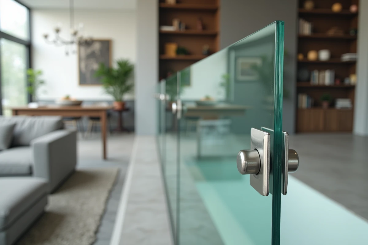 Détail de rambarde en verre feuilleté sur escalier flottant avec fixations en inox dans un appartement haut de gamme