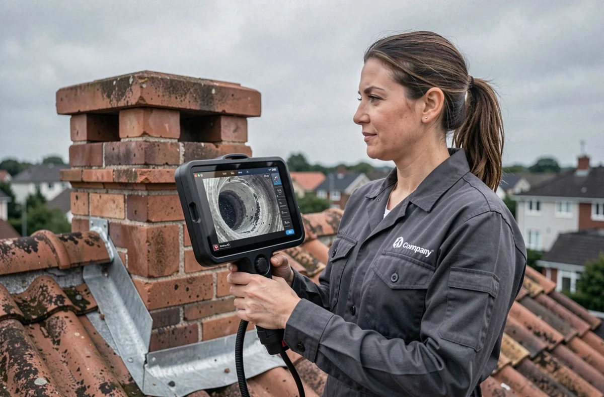 Ramoneure professionnelle sur un toit inspectant un conduit de cheminée avec une caméra d'inspection révélant des dépôts de suie malgré l'utilisation d'une bûche de ramonage