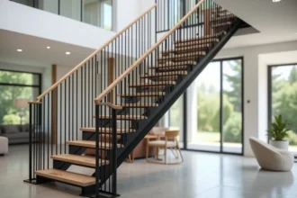 Rampe d'escalier en acier noir avec main courante en chêne dans une maison contemporaine aux murs blancs et sol béton