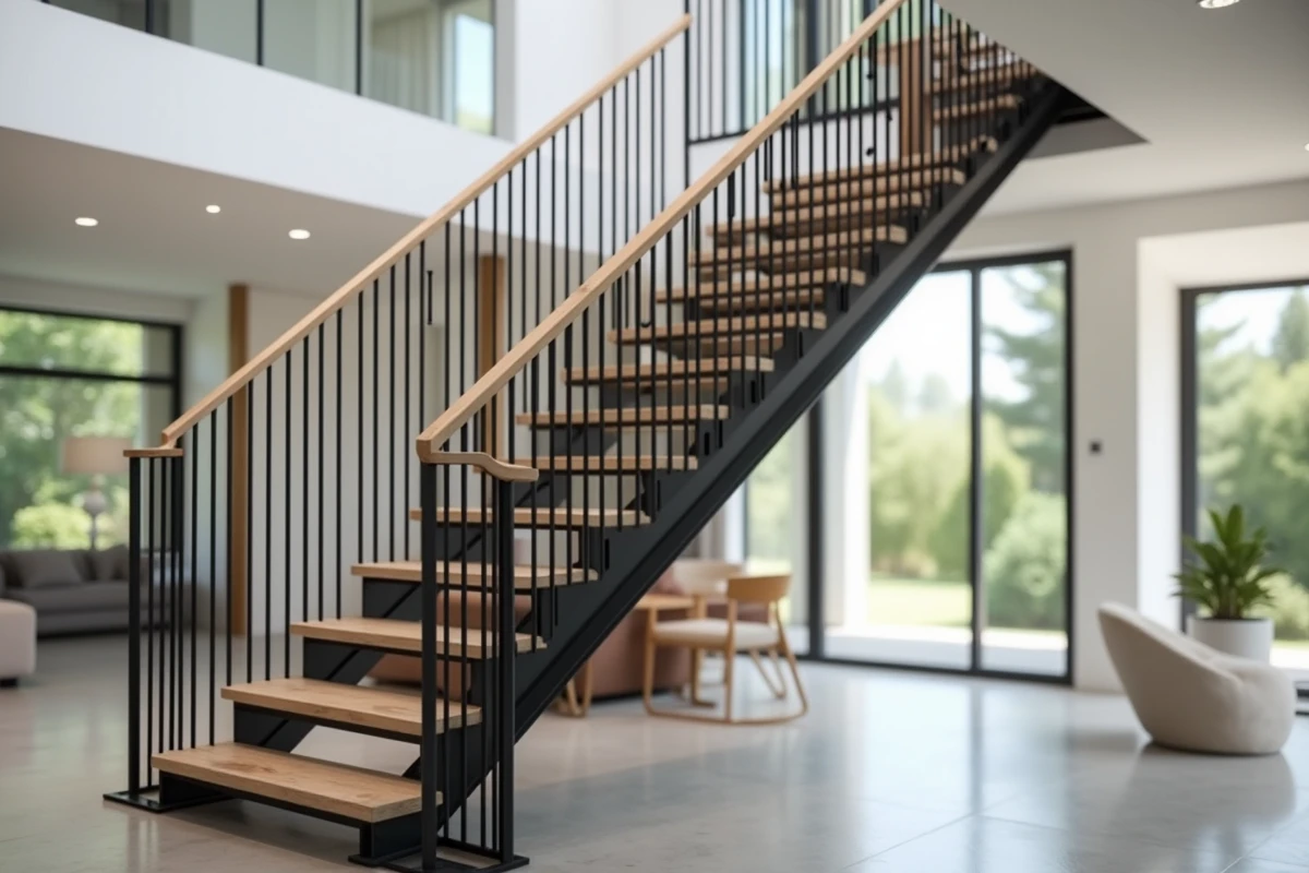 Rampe d'escalier en acier noir avec main courante en chêne dans une maison contemporaine aux murs blancs et sol béton