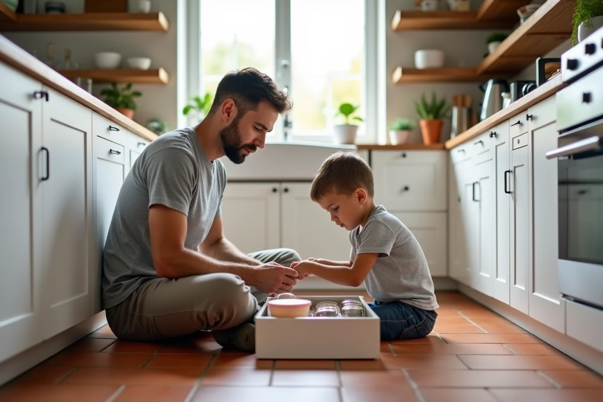 Père et enfant explorant un tiroir de rangement sécurisé dans une cuisine familiale aux tons terracotta
