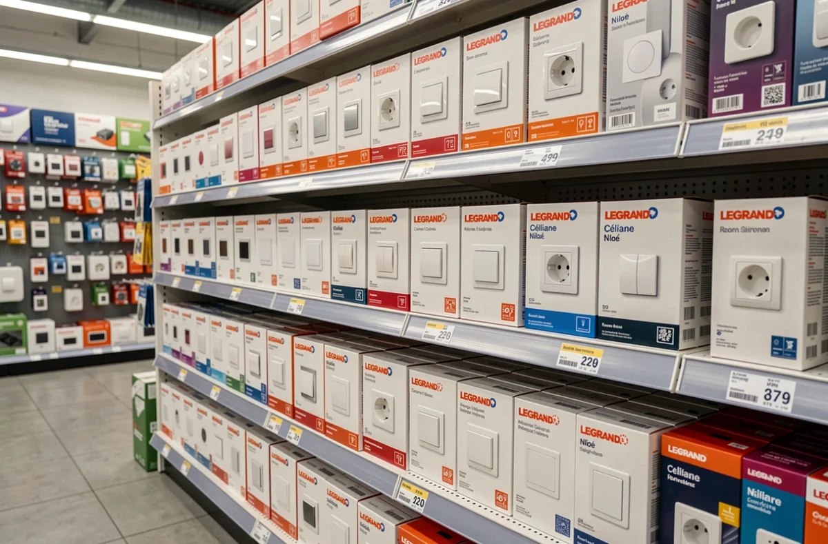 Rayon interrupteurs Legrand en magasin de bricolage avec différents modèles va-et-vient en boîte