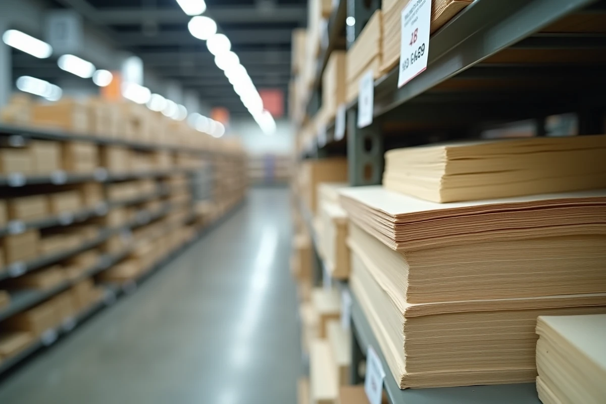 Ramettes et feuilles de papier beige empilées sur un rayon de papeterie avec étiquettes de prix visibles
