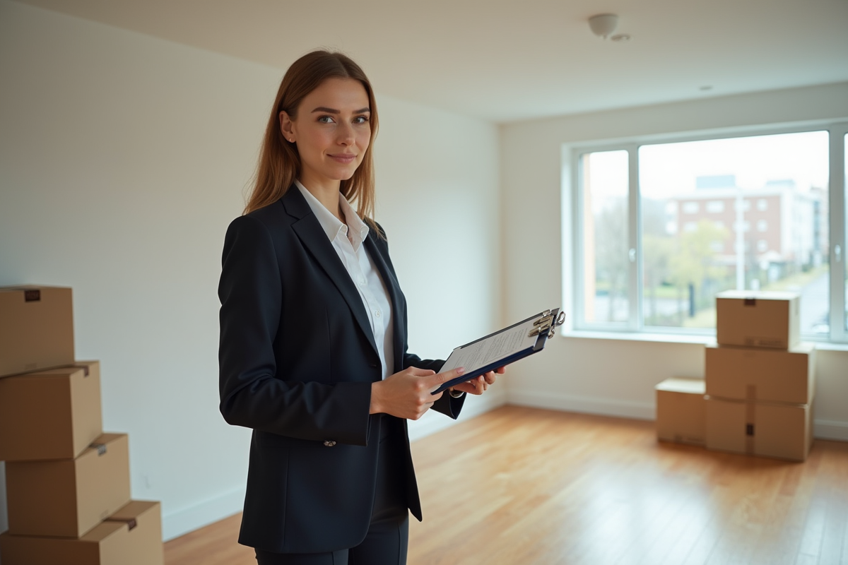 Jeune femme agent immobilier montrant un intérieur vide
